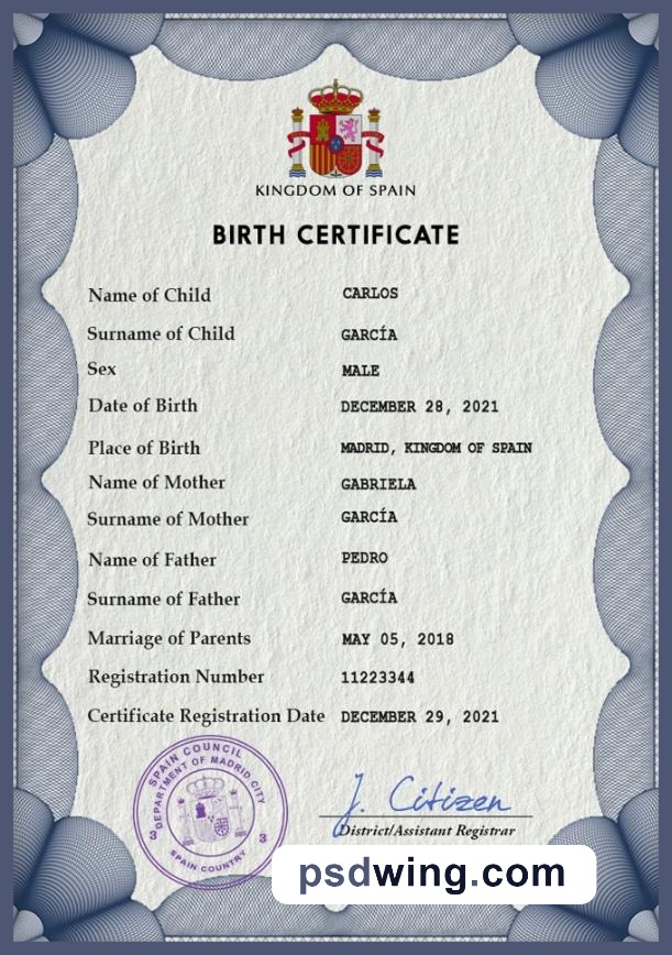Spain Vital Record Birth Certificate PSD (Fully Editable)